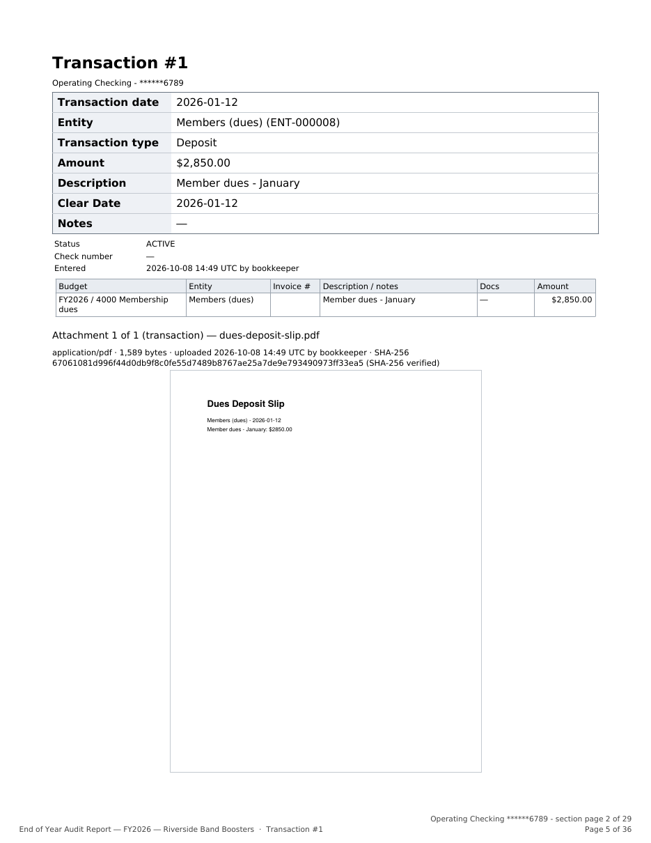 An audit report page: a transaction with its receipt reproduced beneath it