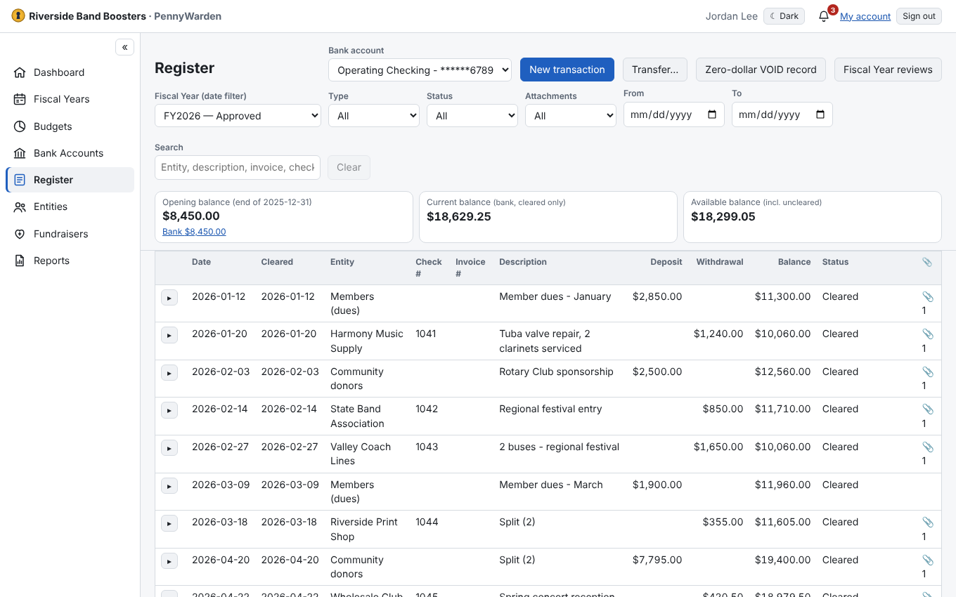 The register of a checking account with cleared dates, check numbers and a running balance